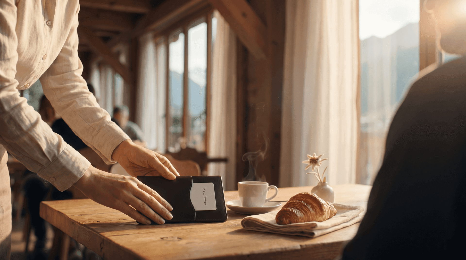 Swiss bistro server handing an NFC card for a Trophy review to a guest at the table.