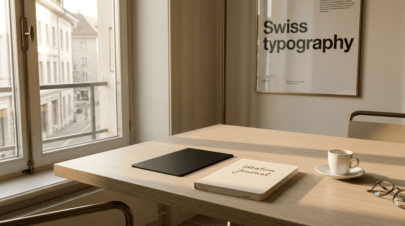 Swiss designer desk with NFC card, notebook, and espresso cup.
