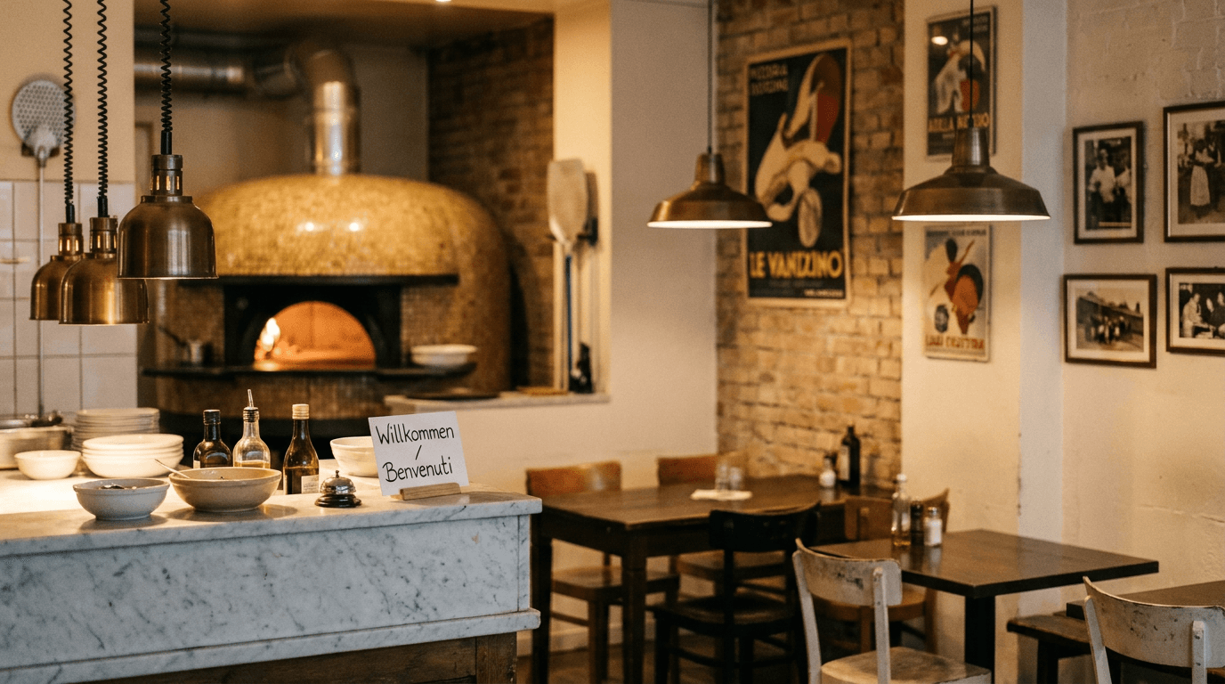 Salle d'un restaurant italien avec tables dressées.