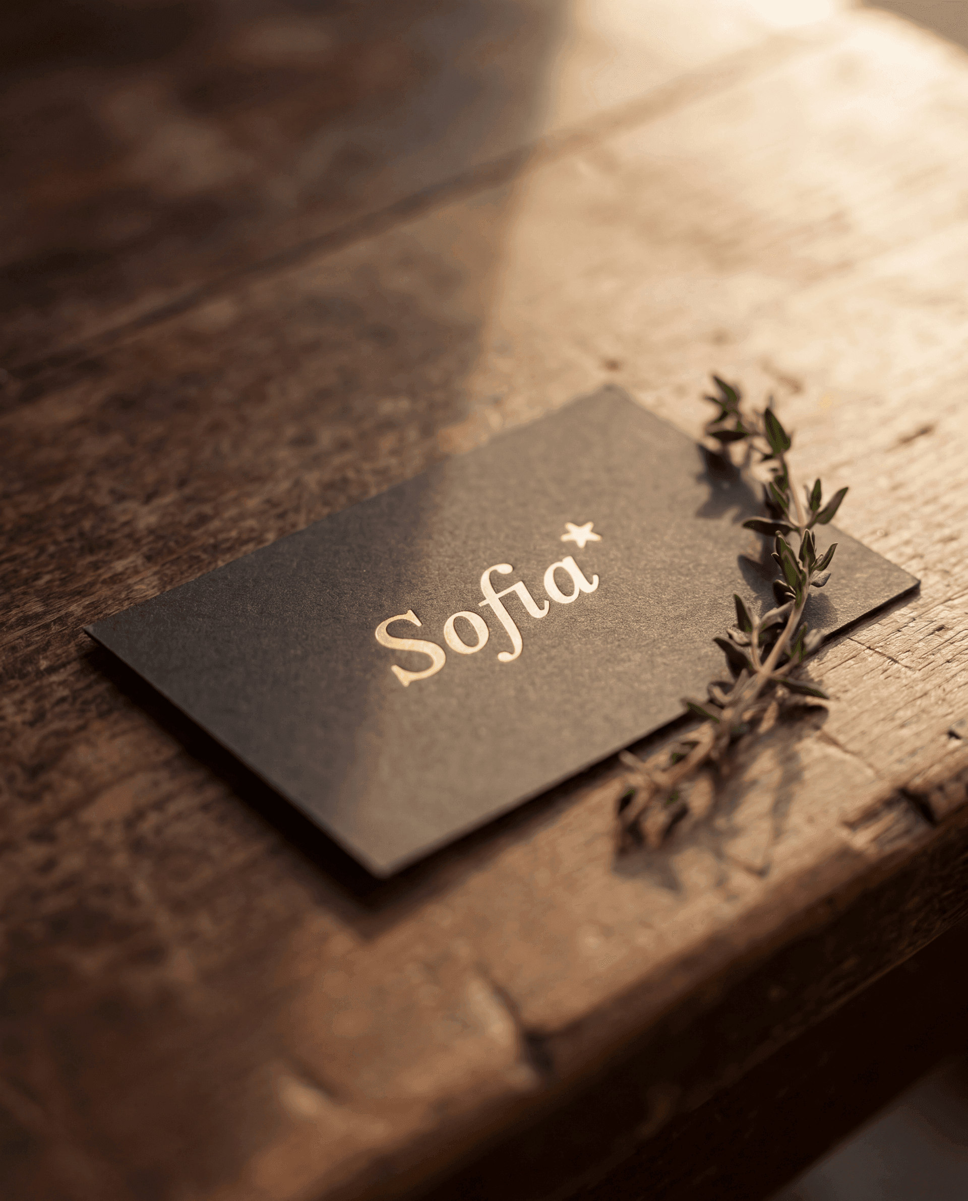 Ein dunkler NFC-Tag mit der Aufschrift «Sofia» in Gold liegt auf einer warmen Holzfläche, daneben ein Zweig frischer Thymian.