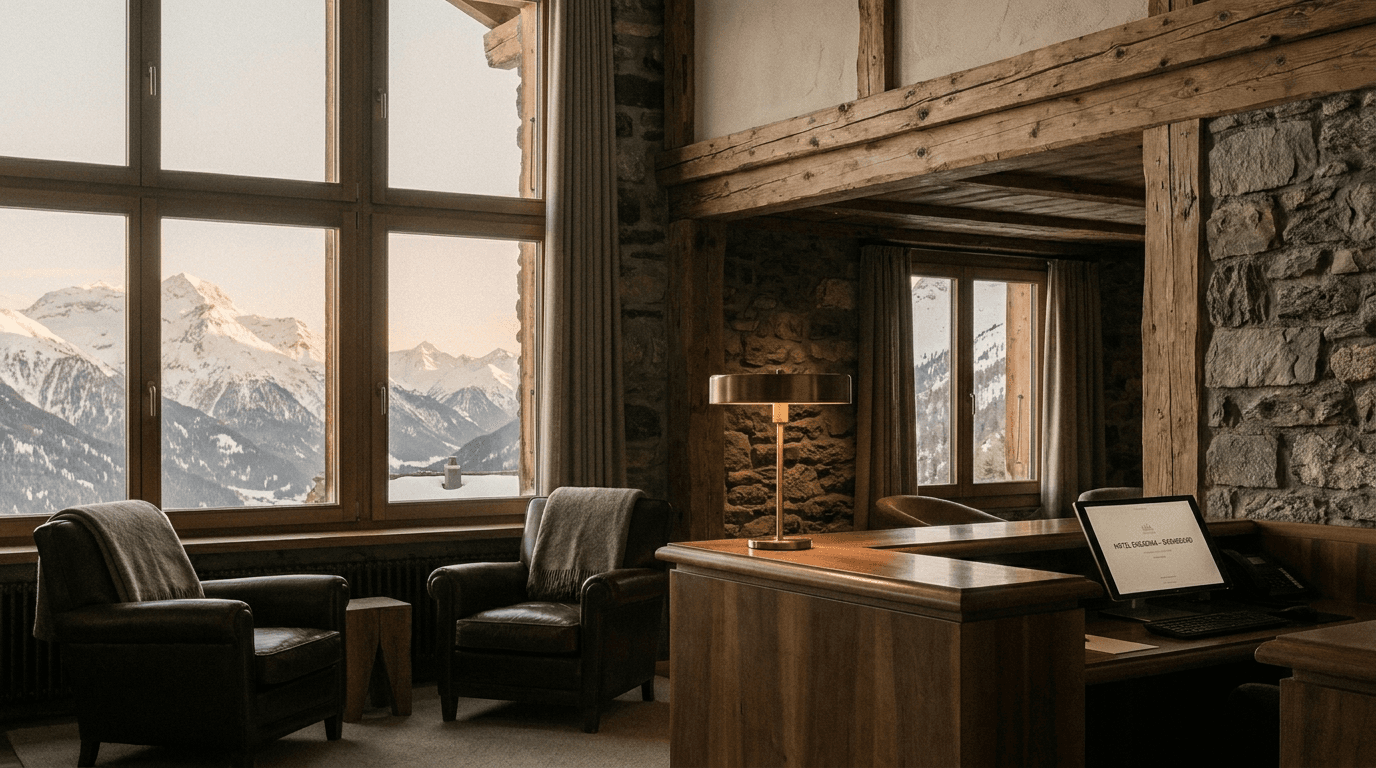 Lobby of a Swiss alpine hotel at dusk with concierge desk and tablet.