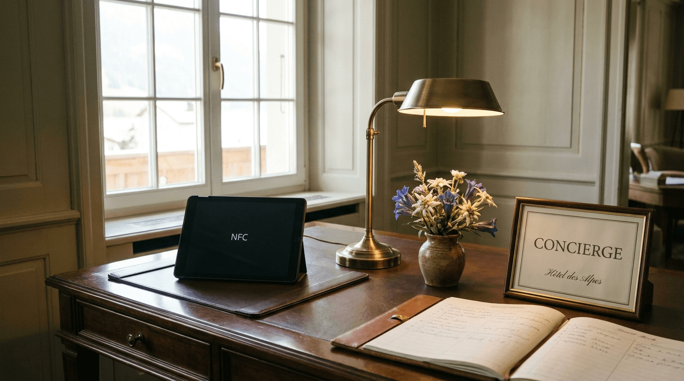Swiss hotel concierge desk with a discreet NFC tablet.