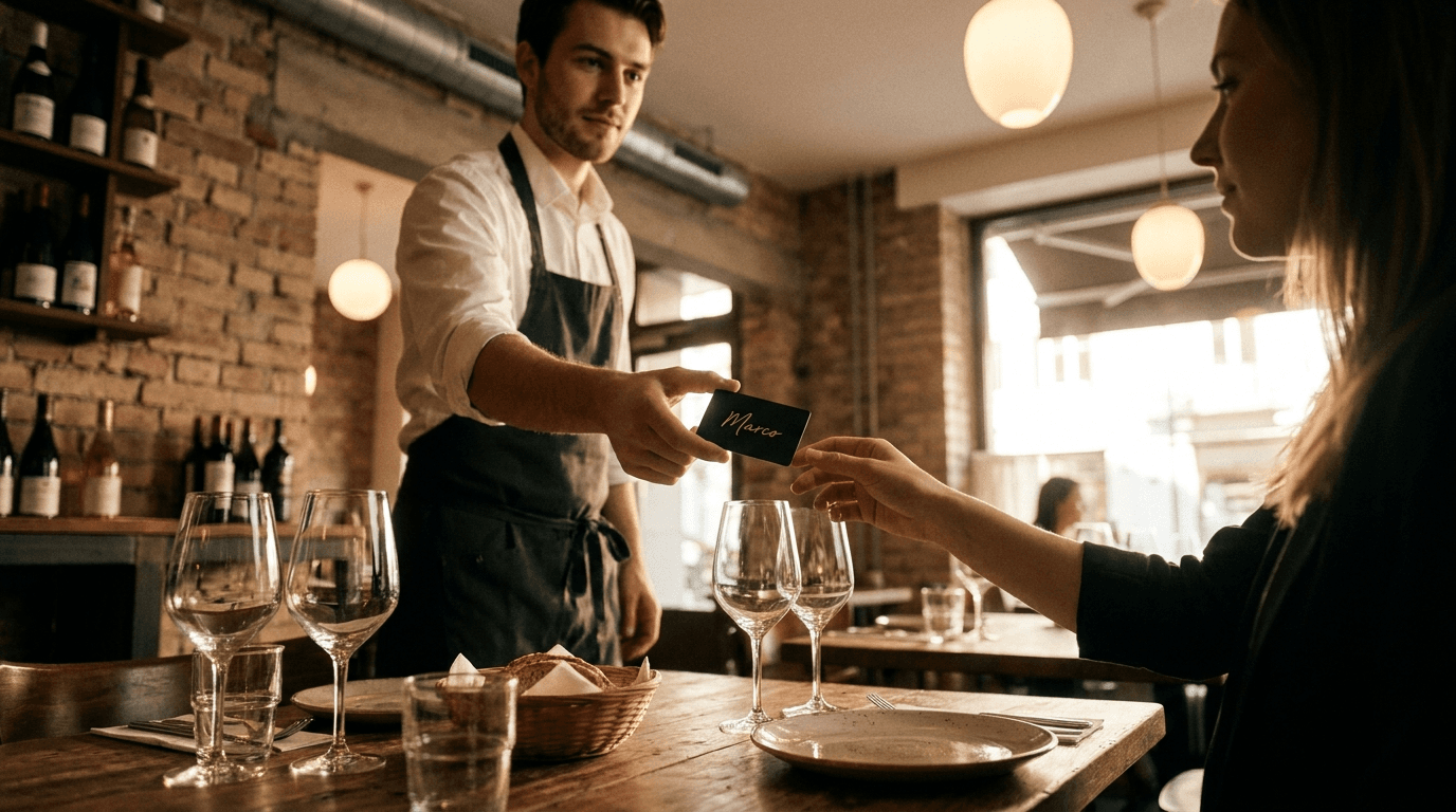 A Swiss bistro server handing an NFC card to a guest at a wooden table.