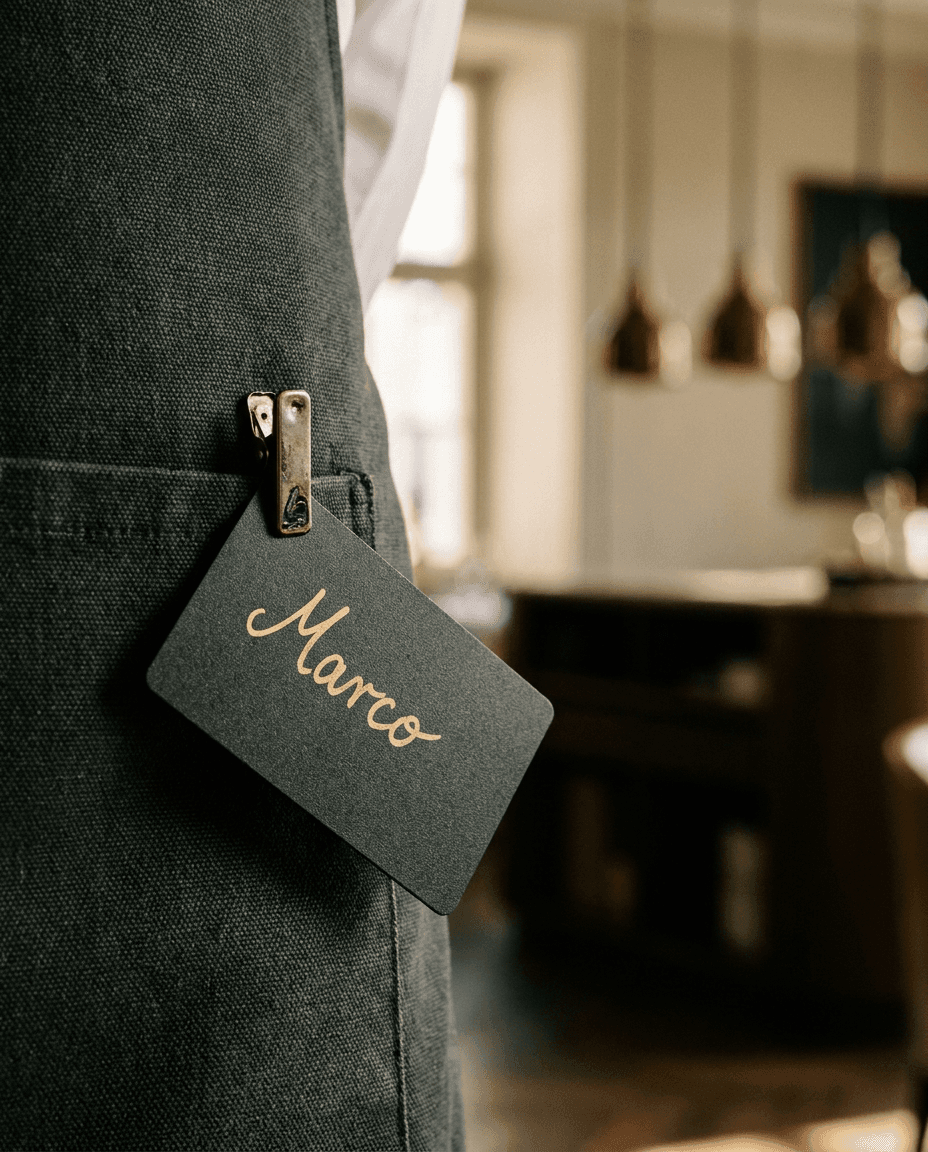 Close-up of a black NFC tag with gold lettering on an apron.